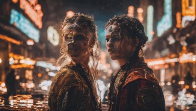 1girl,long hair,looking at viewer,multiple girls,blonde hair,black hair,1boy,2girls,jewelry,closed eyes,upper body,braid,outdoors,parted lips,dark skin,blurry,from side,dark-skinned female,lips,night,depth of field,blurry background,realistic,bokeh,very dark skin,city lights,closed mouth,white hair,earrings,wet,rain,wet hair,forehead jewel