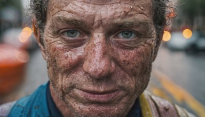 solo,looking at viewer,smile,shirt,black hair,1boy,brown eyes,closed mouth,male focus,outdoors,parted lips,blurry,lips,depth of field,blurry background,blue shirt,portrait,close-up,realistic,old,old man,wrinkled skin,green eyes,signature,grey eyes,facial hair,veins,nose,bokeh