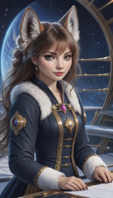 1girl,solo,long hair,breasts,looking at viewer,smile,bangs,brown hair,hair ornament,long sleeves,dress,animal ears,brown eyes,jewelry,closed mouth,upper body,earrings,sky,artist name,nail polish,lips,coat,animal ear fluff,grey eyes,fur trim,fox ears,window,makeup,brooch,gem,star (sky),starry sky,freckles,nose,red lips,space,planet,earth (planet),fingernails,instrument,black nails,realistic