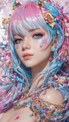 1girl,solo,long hair,breasts,looking at viewer,bangs,blue eyes,hair ornament,cleavage,bare shoulders,jewelry,medium breasts,blue hair,upper body,pink hair,flower,multicolored hair,earrings,parted lips,teeth,necklace,from side,two-tone hair,lips,eyelashes,aqua hair,gradient hair,makeup,facial mark,lipstick,gem,portrait,armlet,eyeshadow,crystal,pink lips,realistic,nose,colorful,mascara,hair flower,star (symbol),petals,shell hair ornament