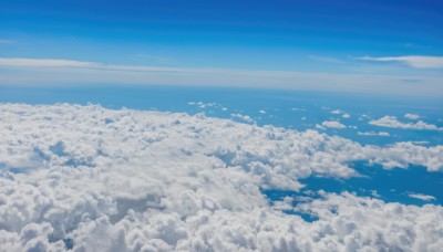 monochrome,outdoors,sky,day,cloud,blue sky,no humans,bird,ocean,cloudy sky,scenery,blue theme,city,horizon,cityscape,landscape,above clouds