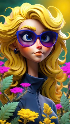 1girl,solo,long hair,looking at viewer,blue eyes,blonde hair,jewelry,closed mouth,jacket,upper body,flower,earrings,artist name,lips,eyelashes,makeup,leaf,thick eyebrows,plant,lipstick,eyeshadow,zipper,freckles,curly hair,yellow flower,nose,glasses,watermark,wavy hair,sunglasses