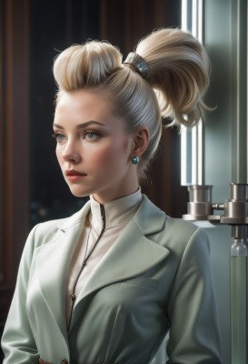 1girl,solo,short hair,blue eyes,blonde hair,jewelry,jacket,upper body,ponytail,earrings,belt,indoors,blurry,lips,coat,grey eyes,window,makeup,blurry background,turtleneck,looking away,lipstick,zipper,freckles,realistic,nose,red lips,hair pulled back,long hair,shirt,parted lips,artist name,necklace,eyelashes,watermark,hair tie,white coat