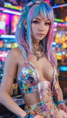 1girl,solo,long hair,breasts,looking at viewer,bangs,blue eyes,navel,cleavage,bare shoulders,jewelry,medium breasts,blue hair,upper body,pink hair,multicolored hair,hairband,earrings,midriff,necklace,nail polish,mole,blurry,bracelet,two-tone hair,lips,gradient hair,makeup,blurry background,ring,gem,breasts apart,armlet,realistic,nose,skirt,hair ornament,closed mouth,swimsuit,bikini,artist name,fingernails,grey eyes,eyelashes,depth of field,watermark,piercing,ear piercing,revealing clothes,bikini top only,pink nails,navel piercing,pearl (gemstone)