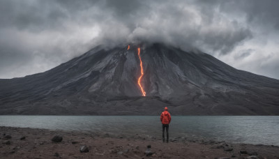 solo, 1boy, standing, jacket, male focus, outdoors, sky, pants, cloud, hood, from behind, black pants, cloudy sky, scenery, red jacket, rock, mountain, red hoodie