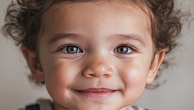 1girl,solo,looking at viewer,smile,short hair,blue eyes,simple background,brown hair,1boy,brown eyes,male focus,parted lips,teeth,grey background,blurry,lips,depth of field,portrait,close-up,realistic,nose,pointy ears,grey eyes,eyelashes