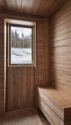 outdoors,day,indoors,tree,no humans,window,nature,scenery,snow,forest,wooden floor,door,winter,bare tree,wooden wall,wood,sky,cloud,still life