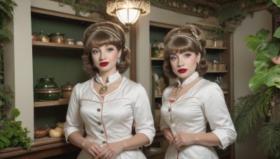 1girl,breasts,looking at viewer,smile,short hair,bangs,multiple girls,brown hair,dress,2girls,brown eyes,jewelry,upper body,hairband,earrings,food,choker,indoors,necklace,white dress,lips,grey eyes,makeup,own hands together,plant,lipstick,sleeves rolled up,curly hair,mirror,realistic,red lips,potted plant,shelf,jar,shop,counter,chef,blue eyes,shirt,long sleeves,hat,closed mouth,standing,parted lips,mole,buttons,fruit,leaf