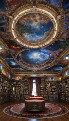 sky,cloud,indoors,book,no humans,window,chair,moon,table,curtains,star (sky),scenery,starry sky,wooden floor,fantasy,bookshelf,planet,library,carpet,rug,globe,blue sky,night,cloudy sky,night sky,clock,book stack,painting (object),loaded interior