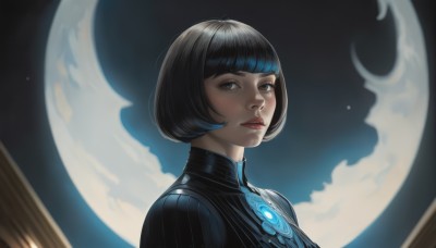 1girl,solo,looking at viewer,short hair,bangs,black hair,brown eyes,upper body,multicolored hair,parted lips,sky,blunt bangs,black eyes,lips,eyelashes,makeup,night,turtleneck,moon,bob cut,crescent,portrait,nose,red lips,crescent moon,blue hair,outdoors,cloud,night sky,full moon