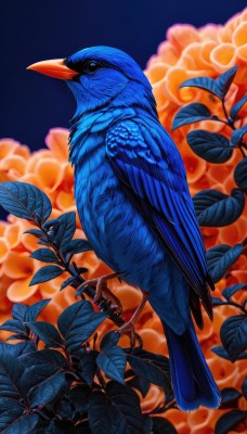 solo,looking at viewer,closed mouth,full body,flower,blurry,black eyes,from side,pokemon (creature),no humans,blurry background,bird,animal,leaf,plant,animal focus,talons,beak,artist name,depth of field,blue background