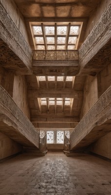 monochrome,day,indoors,no humans,window,sunlight,scenery,wooden floor,stairs,door,architecture,east asian architecture,sepia,pillar,ceiling,hallway,brown theme,arch,shadow,ceiling light