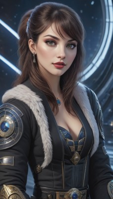 1girl,solo,long hair,breasts,looking at viewer,smile,bangs,brown hair,long sleeves,cleavage,brown eyes,jewelry,medium breasts,closed mouth,green eyes,jacket,upper body,ponytail,earrings,belt,necklace,lips,coat,fur trim,eyelashes,makeup,lipstick,gem,buckle,pendant,eyeshadow,freckles,realistic,nose,red lips,eyeliner,artist name,bra