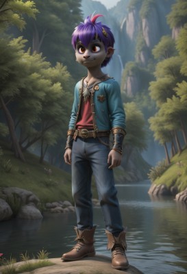 solo,smile,short hair,shirt,hair ornament,red eyes,1boy,jewelry,standing,jacket,full body,purple hair,flower,ahoge,male focus,multicolored hair,boots,outdoors,open clothes,fang,belt,pants,water,necklace,tree,orange eyes,brown footwear,grass,denim,blue jacket,red shirt,nature,forest,jeans,rock,river,stream,brown eyes,blue hair,pointy ears,bracelet,colored skin,fantasy,blue skin,male child,leather,grey skin,pond