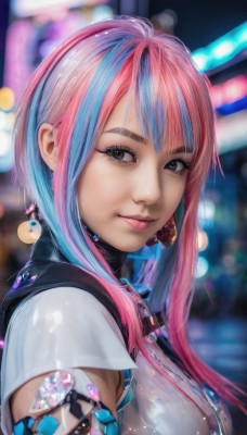 1girl,solo,long hair,breasts,looking at viewer,smile,bangs,shirt,brown eyes,jewelry,medium breasts,closed mouth,blue hair,white shirt,upper body,pink hair,short sleeves,multicolored hair,earrings,blurry,from side,two-tone hair,lips,streaked hair,makeup,depth of field,blurry background,short hair with long locks,science fiction,realistic,nose,cyborg,cyberpunk,short hair,sidelocks,artist name,looking to the side,eyelashes,watermark,freckles,bokeh,neon lights