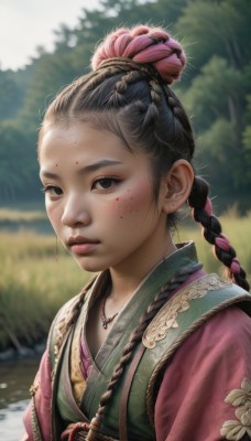 1girl,solo,long hair,looking at viewer,black hair,hair ornament,brown eyes,jewelry,closed mouth,upper body,braid,flower,multicolored hair,outdoors,day,hair flower,necklace,blurry,black eyes,twin braids,two-tone hair,lips,depth of field,blurry background,freckles,realistic,nose,multiple braids,hair bun,blood,makeup,facial mark,chinese clothes,forehead,blood on face