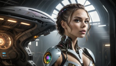 HQ,1girl,solo,breasts,looking at viewer,short hair,blue eyes,brown hair,jewelry,upper body,earrings,lips,grey eyes,robot,science fiction,realistic,nose,medium breasts,parted lips,indoors,window,makeup,backlighting,cyberpunk