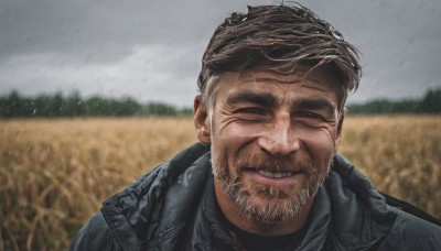 solo,looking at viewer,smile,short hair,brown hair,1boy,closed mouth,jacket,upper body,male focus,outdoors,one eye closed,sky,blurry,black jacket,wet,blurry background,facial hair,scar,thick eyebrows,portrait,beard,rain,mature male,realistic,mustache,field,grey sky,shirt,teeth,day,cloud,open jacket,cloudy sky,blue jacket,scar on face,wet hair,manly