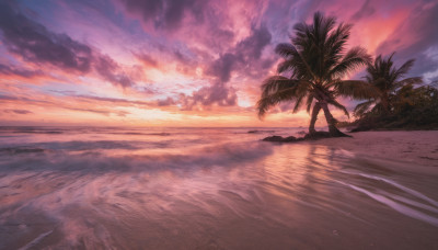 outdoors, sky, cloud, water, tree, dutch angle, no humans, ocean, beach, cloudy sky, scenery, sunset, sand, palm tree, horizon, shore