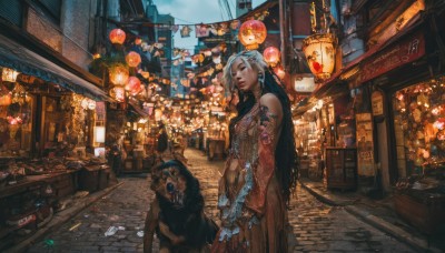 1girl,solo,long hair,black hair,dress,bare shoulders,jewelry,earrings,outdoors,detached sleeves,solo focus,necklace,bracelet,lips,makeup,mask,night,animal,building,scenery,dog,lantern,city,sign,realistic,fantasy,road,street,paper lantern,shop,neon lights,vanishing point,breasts,looking at viewer,hair ornament,medium breasts,closed mouth,standing,braid,white hair,grey hair,sky,lipstick,ground vehicle,eyeshadow,lamp,architecture,east asian architecture,statue,banner,pavement,sidewalk,storefront