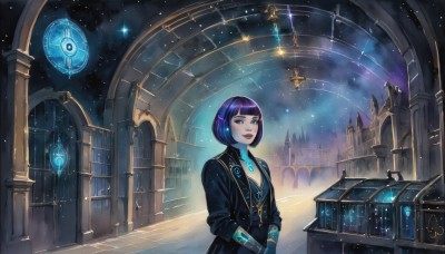 1girl,solo,breasts,looking at viewer,smile,short hair,bangs,gloves,long sleeves,dress,cleavage,jewelry,closed mouth,blue hair,standing,jacket,upper body,purple hair,outdoors,sky,blunt bangs,necklace,black eyes,black dress,lips,black jacket,makeup,night,glowing,bob cut,lipstick,building,gem,star (sky),night sky,scenery,pendant,starry sky,science fiction,clock,arch,blue eyes,small breasts,parted lips,fantasy,constellation