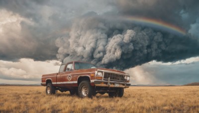 outdoors,sky,day,cloud,blue sky,no humans,cloudy sky,grass,ground vehicle,scenery,motor vehicle,smoke,mountain,car,field,vehicle focus,rainbow,truck