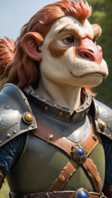 solo,smile,brown hair,shirt,1boy,animal ears,brown eyes,jewelry,closed mouth,upper body,male focus,outdoors,day,belt,armor,blurry,blurry background,shoulder armor,gem,furry,freckles,pauldrons,breastplate,furry male,chainmail,long hair,green eyes,artist name,orange hair,lion ears