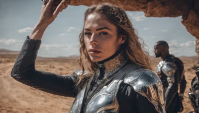 1girl,long hair,looking at viewer,blonde hair,brown hair,brown eyes,upper body,weapon,outdoors,parted lips,multiple boys,sky,solo focus,day,cloud,dark skin,2boys,armor,blurry,arm up,blue sky,lips,blurry background,ground vehicle,shoulder armor,motor vehicle,freckles,pauldrons,breastplate,realistic,bald,desert,chainmail,1boy,sunlight