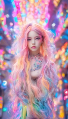 1girl,solo,long hair,breasts,looking at viewer,blue eyes,blonde hair,jewelry,very long hair,closed mouth,blue hair,upper body,pink hair,multicolored hair,earrings,artist name,necklace,blurry,lips,grey eyes,eyelashes,gradient hair,makeup,depth of field,blurry background,watermark,wavy hair,expressionless,lipstick,web address,eyeshadow,pink lips,nose,colorful,stained glass,rainbow hair,dress,cleavage,medium breasts,veil