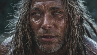 solo,long hair,looking at viewer,brown hair,1boy,brown eyes,yellow eyes,male focus,parted lips,teeth,blurry,lips,facial hair,messy hair,portrait,beard,close-up,realistic,black hair