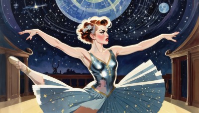 1girl,solo,breasts,blush,blue eyes,skirt,blonde hair,brown hair,hair ornament,dress,cleavage,bare shoulders,standing,collarbone,pantyhose,small breasts,sky,armpits,star (symbol),arms up,leotard,makeup,moon,leg up,standing on one leg,outstretched arms,lipstick,star (sky),starry sky,silhouette,red lips,blue leotard,athletic leotard,ballerina,ballet slippers,ballet,tutu,flower,indoors,hair flower,nail polish,lips,bare arms,profile,curly hair,spread arms,hair up,dancing,constellation