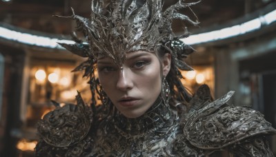 1girl,solo,long hair,looking at viewer,black hair,jewelry,closed mouth,earrings,indoors,armor,blurry,black eyes,lips,grey eyes,depth of field,blurry background,helmet,crown,shoulder armor,portrait,pauldrons,realistic,brown eyes,upper body,makeup,close-up,nose