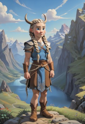 1girl,solo,long hair,blue eyes,blonde hair,twintails,standing,full body,braid,flower,boots,outdoors,horns,sky,day,pointy ears,belt,cloud,water,armor,twin braids,flat chest,blue sky,lips,brown footwear,grass,child,hair over shoulder,clenched hands,rock,mountain,fantasy,female child,bracer,mountainous horizon,cliff,ahoge,realistic,nose