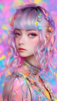 1girl,solo,long hair,looking at viewer,short hair,bangs,blue eyes,hair ornament,jewelry,closed mouth,upper body,pink hair,braid,multicolored hair,artist name,blunt bangs,necklace,mole,from side,lips,eyelashes,makeup,expressionless,piercing,gem,portrait,eyeshadow,pink lips,realistic,nose,eyeliner,colorful,mascara,blue hair,purple hair,choker,ear piercing,freckles