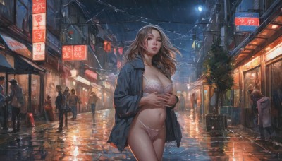 1girl,long hair,breasts,looking at viewer,multiple girls,large breasts,brown hair,navel,cleavage,brown eyes,underwear,standing,panties,jacket,outdoors,parted lips,multiple boys,open clothes,sky,solo focus,water,stomach,bra,white panties,lips,coat,wet,dutch angle,night,lingerie,own hands together,ground vehicle,building,night sky,scenery,reflection,white bra,walking,rain,6+boys,city,sign,realistic,road,lace-trimmed bra,power lines,lamppost,street,vanishing point,medium breasts,collarbone,bag,open jacket,tree,moon,plant,wind,lace,full moon,hands in pockets,city lights,neon lights,pavement,storefront