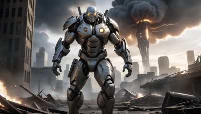 HQ,solo,standing,weapon,outdoors,sky,cloud,armor,no humans,glowing,cloudy sky,fire,robot,building,mecha,glowing eyes,smoke,science fiction,city,realistic,military vehicle,cityscape,explosion,ruins,damaged,skyscraper,open hands,power armor,debris,burning,destruction,1boy,orange eyes,military,kaijuu