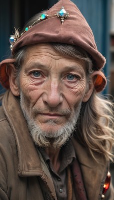 solo,looking at viewer,blue eyes,shirt,1boy,hat,closed mouth,jacket,upper body,white hair,grey hair,male focus,collared shirt,indoors,blurry,coat,blurry background,facial hair,curtains,gem,portrait,beard,brown jacket,realistic,mustache,brown headwear,manly,old,brown coat,old man,long hair,artist name,signature,lips,grey eyes,depth of field,scar,nose