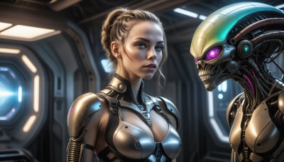 HQ,1girl,breasts,blue eyes,multiple girls,blonde hair,brown hair,medium breasts,upper body,braid,armor,lips,bodysuit,robot,mecha,science fiction,realistic,cyborg,alien,power armor,cyberpunk,looking at viewer,2girls,cleavage,jewelry,purple eyes,earrings,makeup,glowing,lipstick,nose,cable,dirty,hair pulled back,hologram