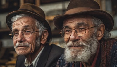 looking at viewer,smile,shirt,hat,closed mouth,jacket,upper body,white hair,grey hair,male focus,multiple boys,necktie,glasses,collared shirt,indoors,2boys,blurry,black eyes,black jacket,black headwear,depth of field,blurry background,facial hair,formal,portrait,beard,realistic,round eyewear,mustache,brown headwear,manly,old,old man,fedora,wrinkled skin,1boy,white shirt,grey eyes,black necktie