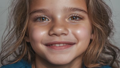 1girl,solo,long hair,looking at viewer,smile,simple background,brown hair,brown eyes,parted lips,teeth,shiny,grey background,grin,lips,eyelashes,portrait,close-up,realistic,nose