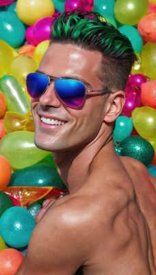 solo,looking at viewer,smile,black hair,1boy,upper body,male focus,multicolored hair,green hair,teeth,shiny,looking back,dark skin,grin,two-tone hair,muscular,sunglasses,dark-skinned male,topless male,realistic,balloon,short hair,nude,artist name,tinted eyewear