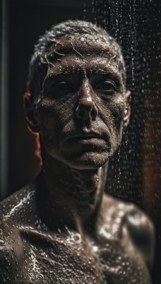 solo,looking at viewer,short hair,1boy,closed mouth,upper body,male focus,water,blurry,wet,portrait,realistic,statue,showering,black hair,nude,shiny,dark skin,black eyes,black background,bald,very short hair