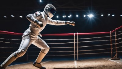 solo,gloves,1boy,male focus,boots,helmet,astronaut,science fiction,spacesuit,lights,stadium