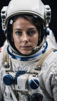 1girl,solo,looking at viewer,blue eyes,simple background,brown hair,black hair,1boy,closed mouth,upper body,black eyes,lips,helmet,black background,freckles,science fiction,realistic,space,spacesuit,space helmet,astronaut,male focus,reflection,planet,earth (planet),american flag