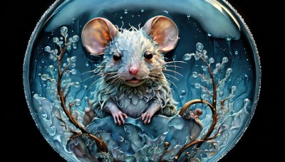 HQ,solo,looking at viewer,simple background,artist name,water,black eyes,no humans,animal,watermark,black background,web address,bubble,water drop,mouse ears,branch,air bubble,animal focus,mouse,whiskers,open mouth,full body,plant,realistic