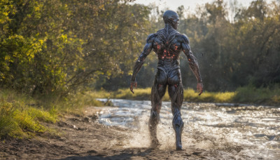 solo, 1boy, standing, male focus, outdoors, from behind, tree, nature, science fiction, realistic, alien