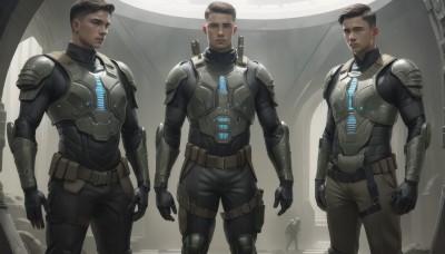 short hair,brown hair,black hair,gloves,brown eyes,closed mouth,standing,weapon,male focus,multiple boys,black gloves,belt,pants,dark skin,armor,gun,bodysuit,black pants,dark-skinned male,3boys,shoulder armor,4boys,breastplate,realistic,arms at sides,holster,very short hair,undercut,looking at viewer,sword,indoors,facial hair,science fiction,ruins,shoulder pads