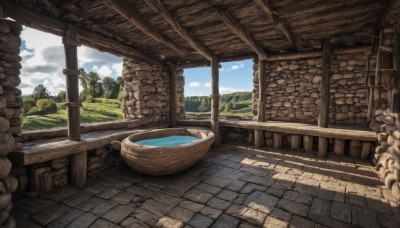 outdoors,sky,day,cloud,water,tree,blue sky,no humans,cloudy sky,grass,nature,scenery,basket,bridge,barrel,sunlight,plant,mountain,watercraft,wall,pillar,river,boat,landscape,stone wall