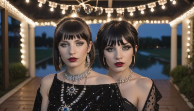 looking at viewer,short hair,bangs,multiple girls,brown hair,black hair,dress,2girls,bare shoulders,brown eyes,jewelry,collarbone,upper body,earrings,parted lips,necklace,off shoulder,blurry,black dress,makeup,night,blurry background,lipstick,sisters,gem,eyeshadow,freckles,reflection,realistic,red lips,smile,outdoors,sky,artist name,blunt bangs,portrait,lights