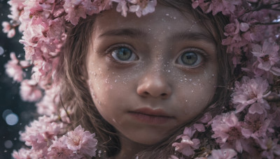 1girl, solo, long hair, looking at viewer, blue eyes, brown hair, closed mouth, green eyes, flower, blurry, lips, eyelashes, depth of field, cherry blossoms, portrait, close-up, pink flower, freckles, realistic, nose